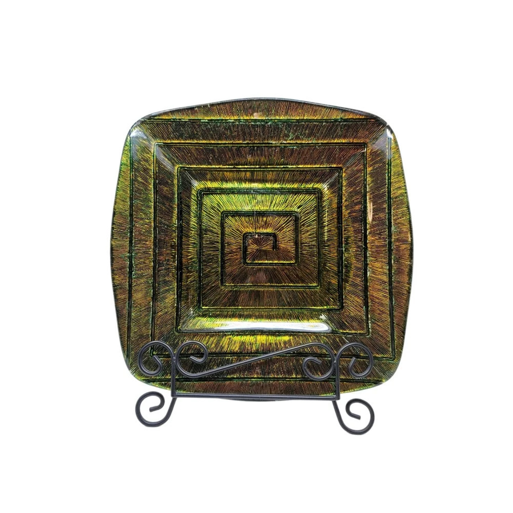 Vintage Mid Century Decorative Reverse Painted Metallic Gold/Green Plate